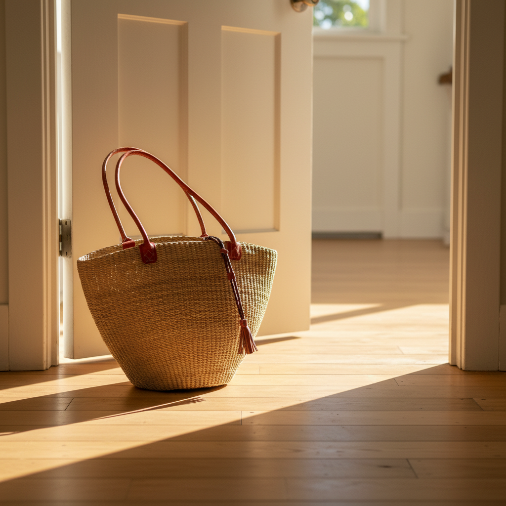 Woven straw tote bag with terracotta coloured handles at the door ready to go to the markets

