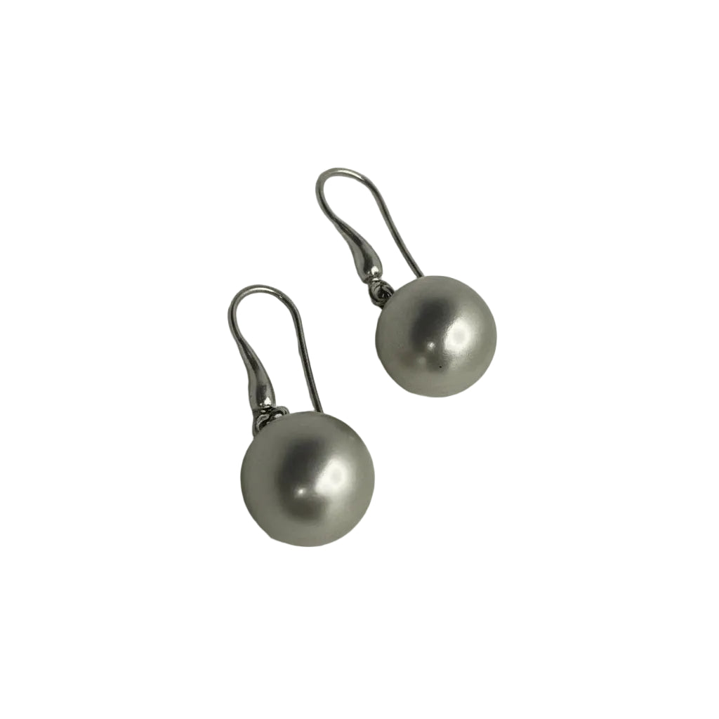 Pair of silver earrings with round pendants on a white background