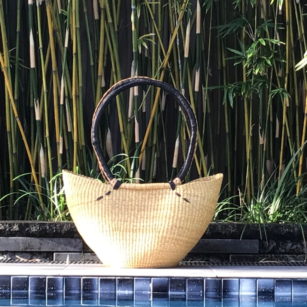 Handwoven Elephant Grass Market Basket with Leather Tassel