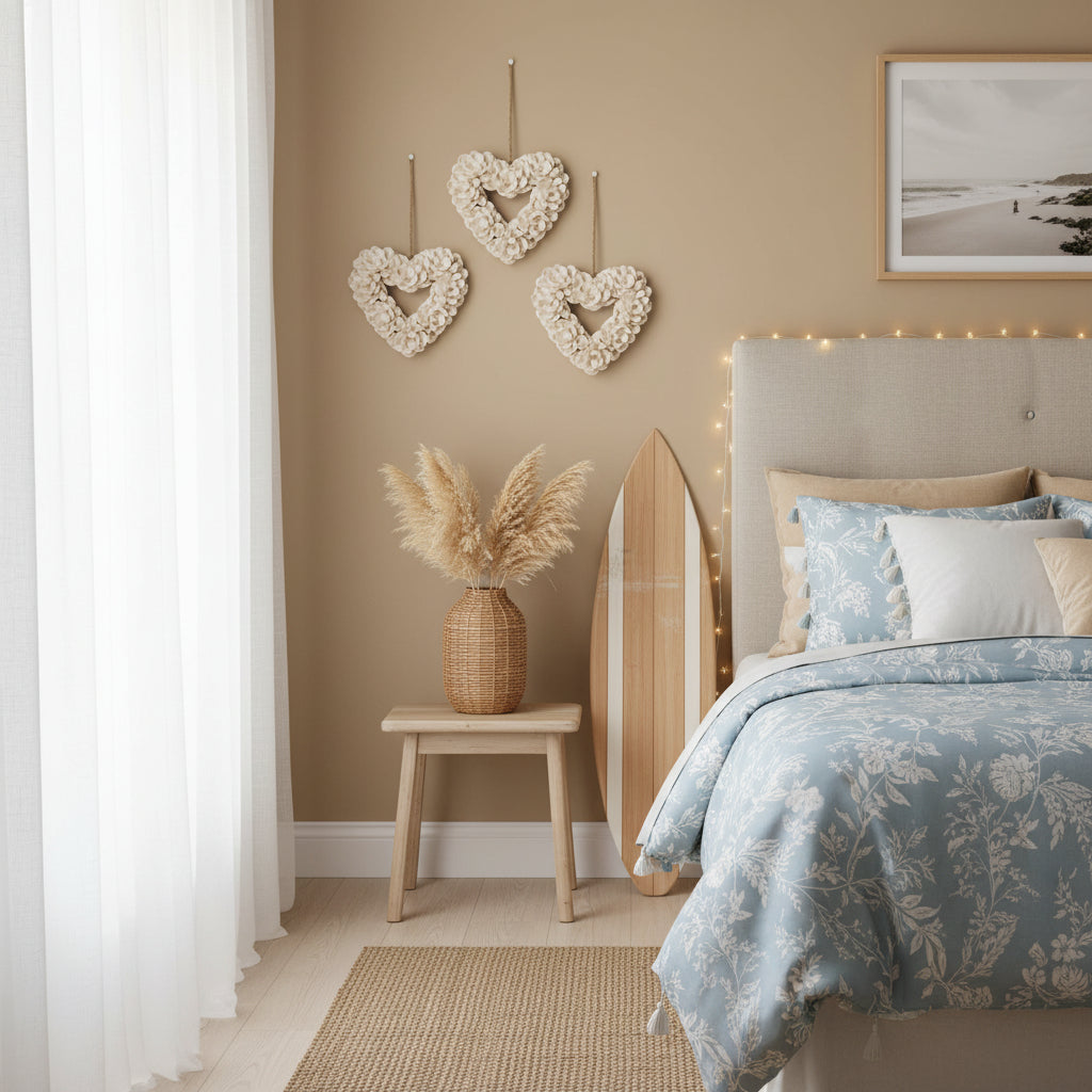 Three cream-colored fabric flower heart ornaments with jute hanging loops, displayed on a dark rustic wooden surface.