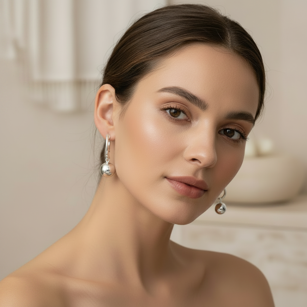 A pair of polished silver hoop earrings with large, smooth spherical drop pendants, shown against a clean white background.