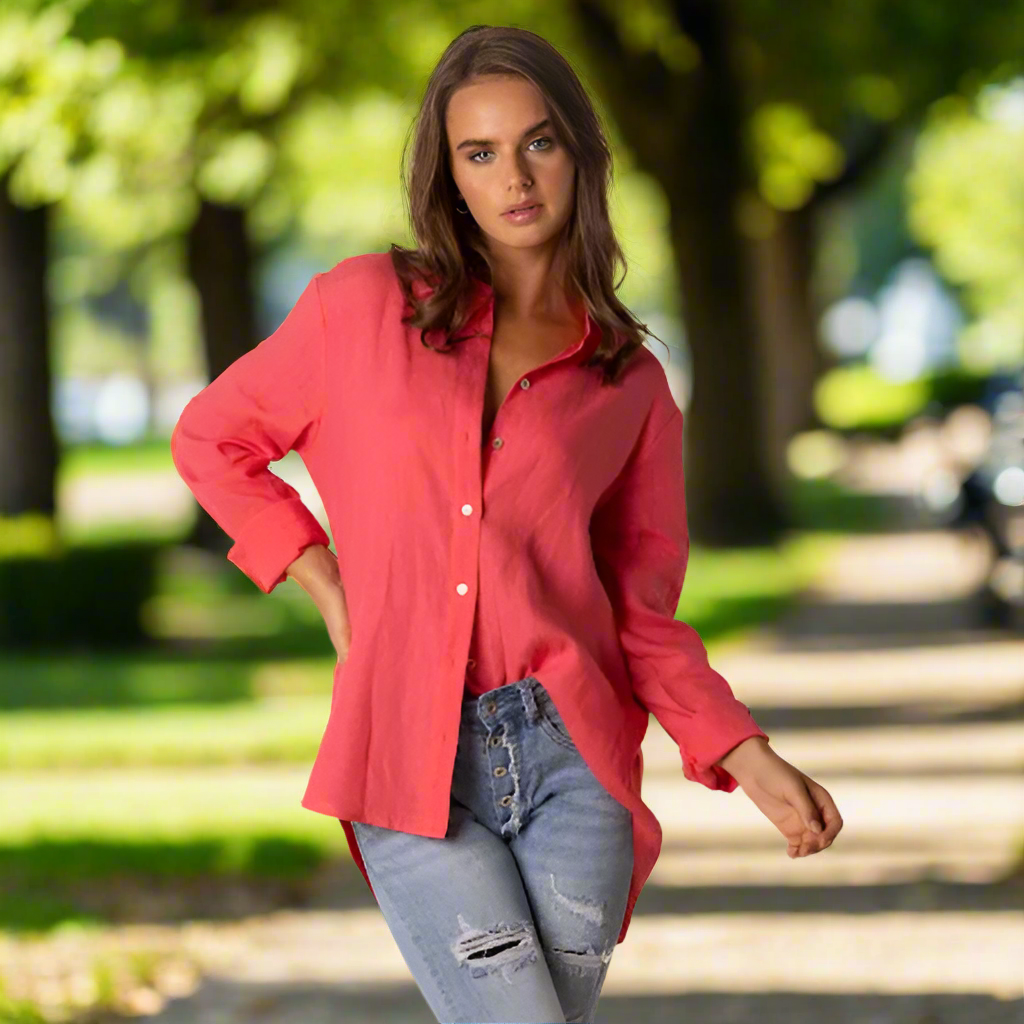 Look wonderful in this watermelon coloured summer boyfriend shirt in linen.