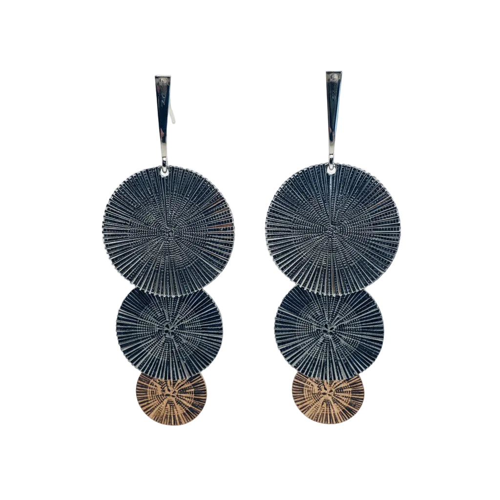 Pair of layered circular earrings on a white card with a blue border.