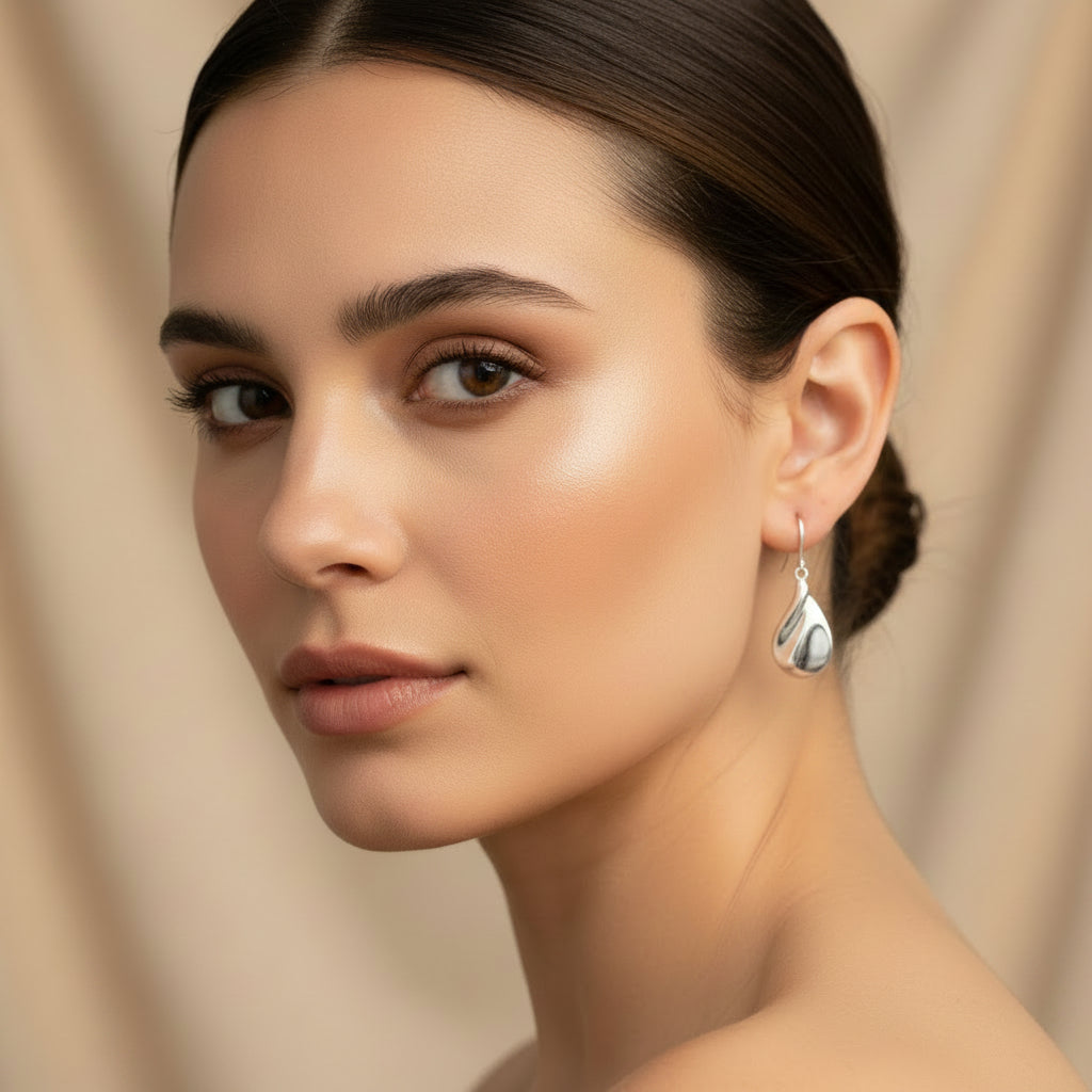 A pair of polished silver dangle earrings with a curved, sculptural teardrop design, just so dainty.