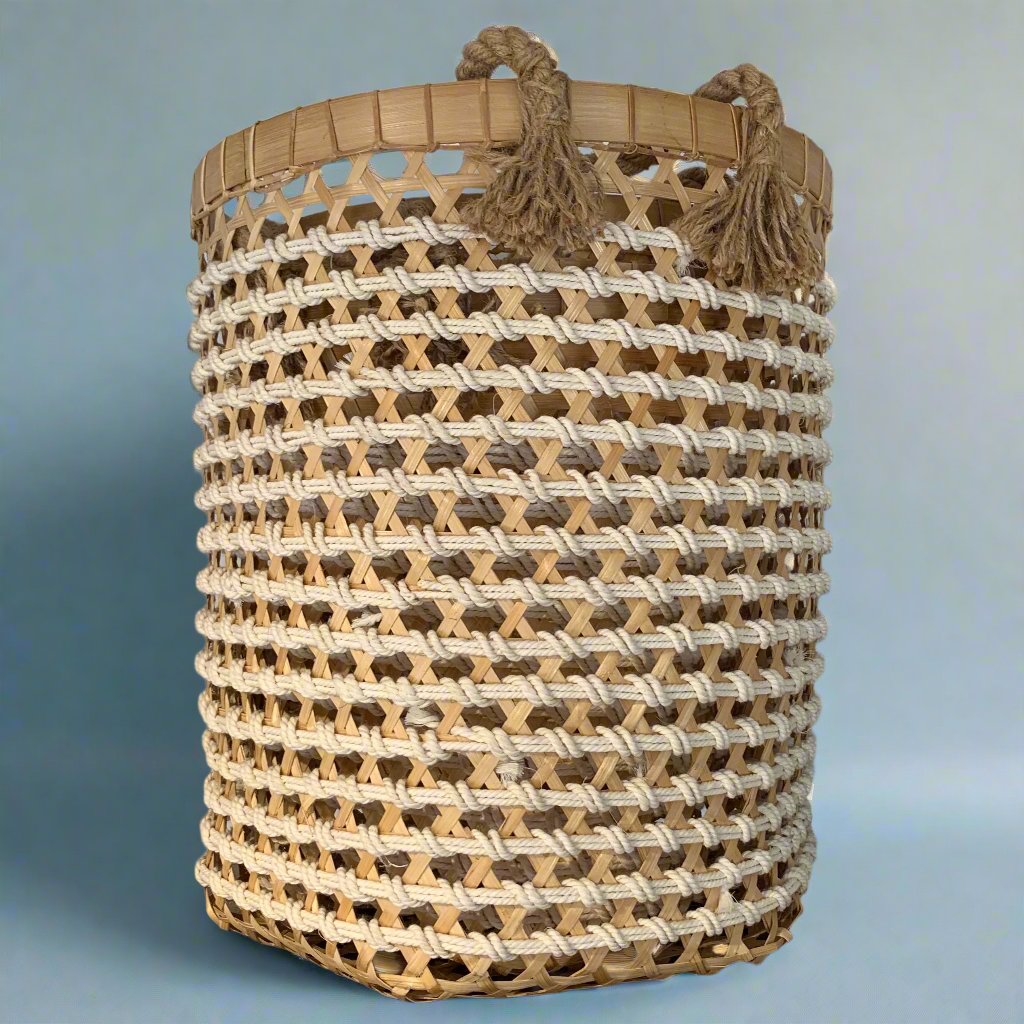 Handmade in Indonesia from local bamboo and cotton rope , handles from help rope. Perfect for storage or just as decor pieces.