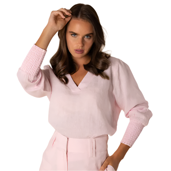 Shirred Sleeve V Neck Top