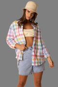 Two Ts 100% linen multi coloured shirt, has long sleeves and cuffs. The back has a longer length than the front.